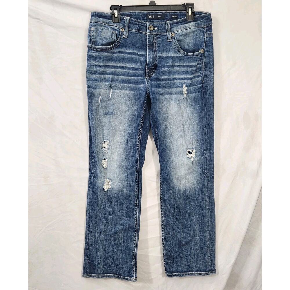 BKE Jeans Men's 36x30 Blue Jake Straight Dark Wash Buckle Faded Whiskered Y2K